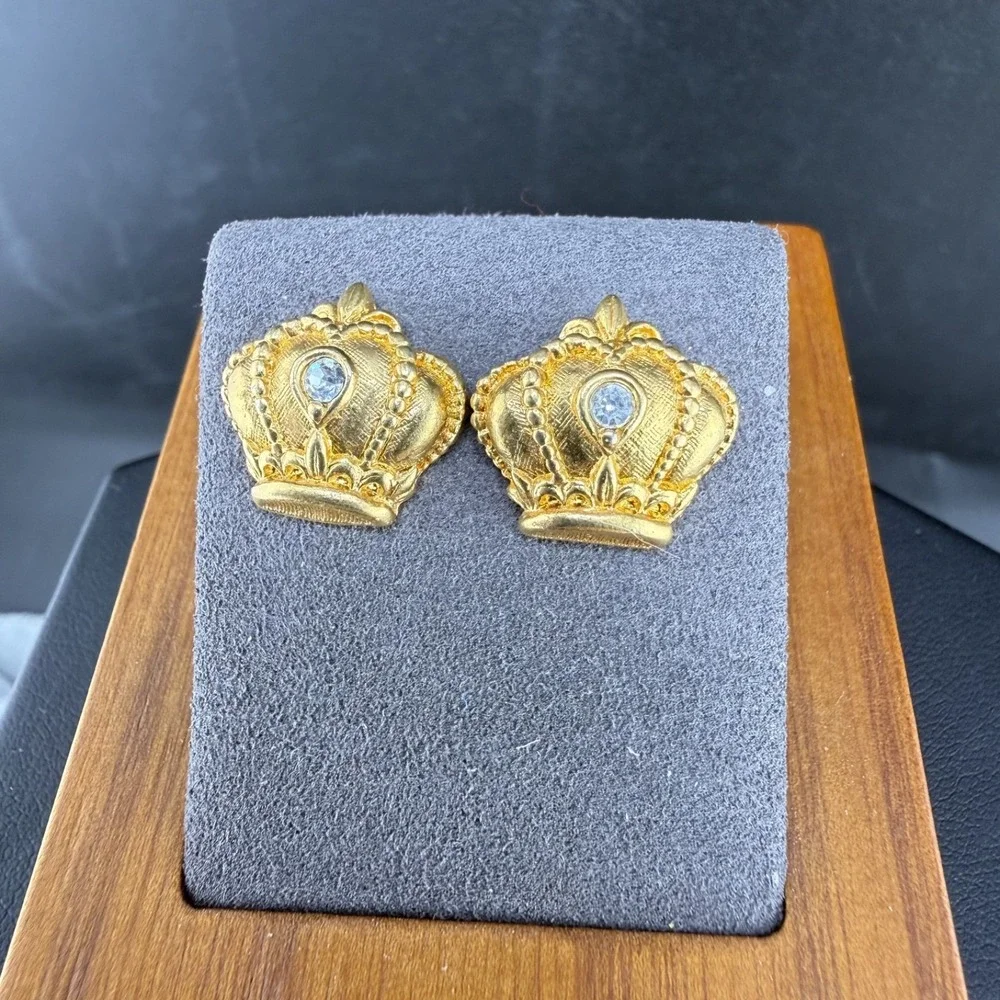 Vintage Pierced Crown‎ Earrings Gold Tone Rhinestone